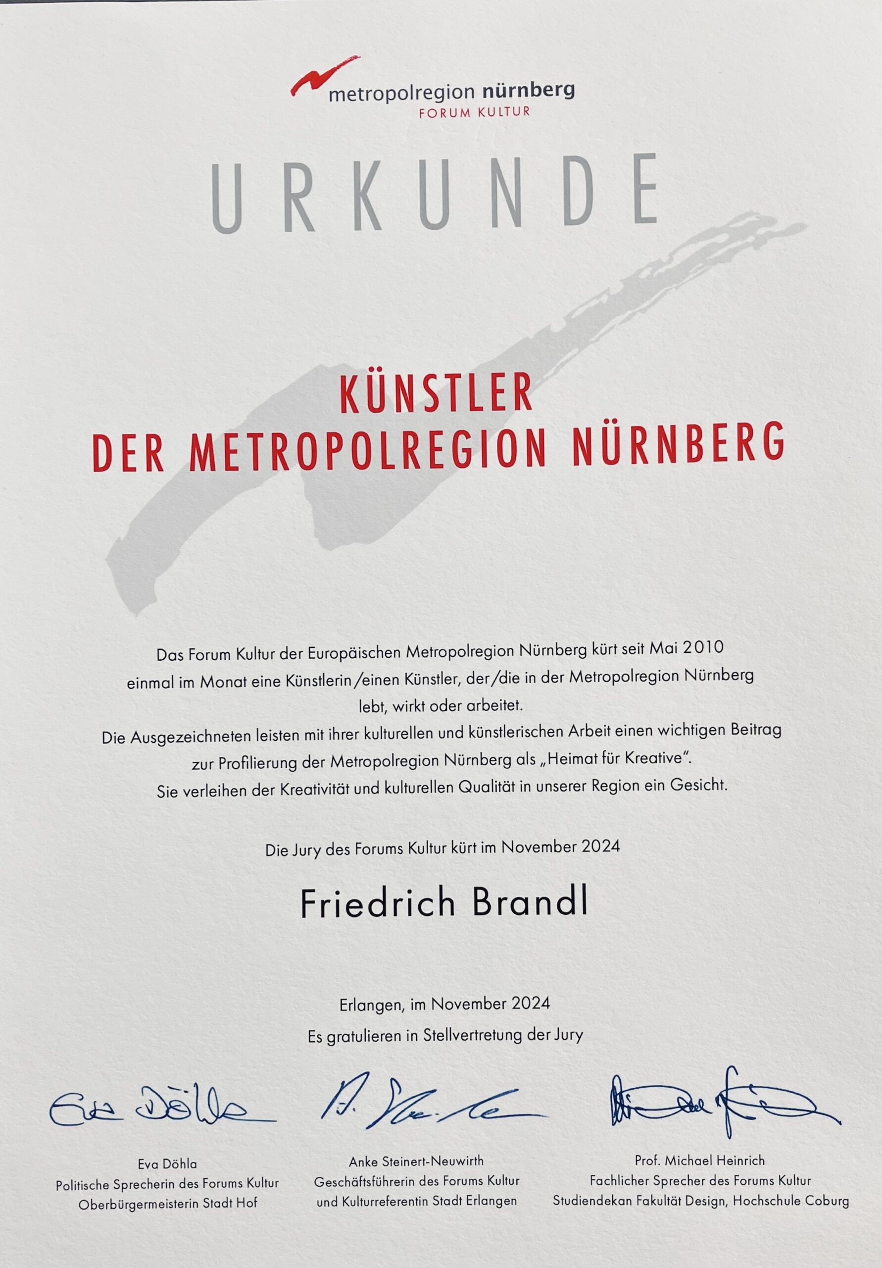 Urkunde - Künstler der Metropolregion Nürnberg